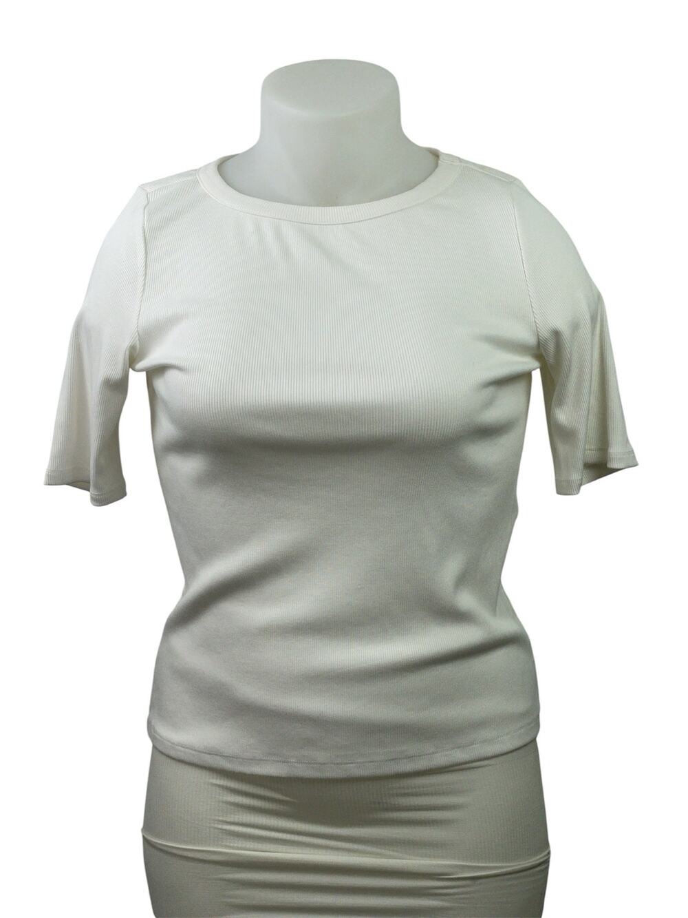 NEW Tahari Women's White Ribbed Knit Short Sleeve Round Neck T Shirt Tee Top L